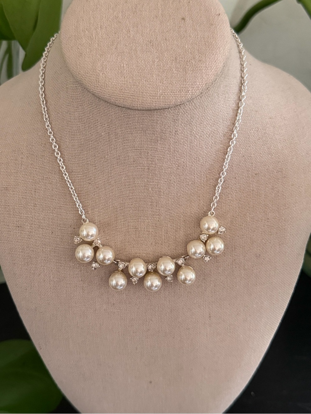 Vintage Silver Genuine Pearls & Crystals Cluster Necklace